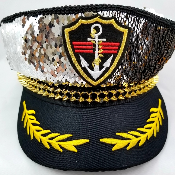 Captain Hat Adjustable, Mermaid Fabric Silver/ Light Gold